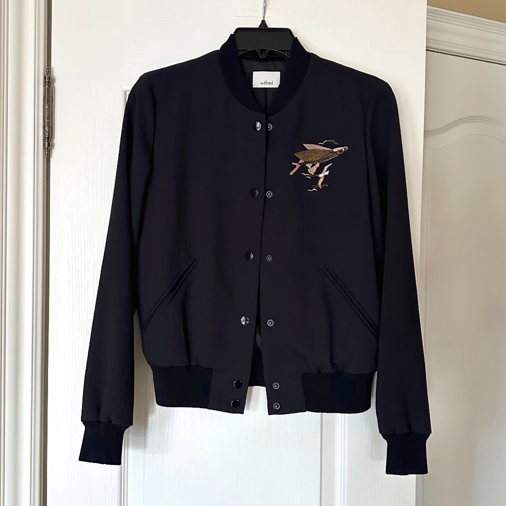 Wilfred Bomber Jacket with Bird Embroidery, Size XS, Black (RARE)